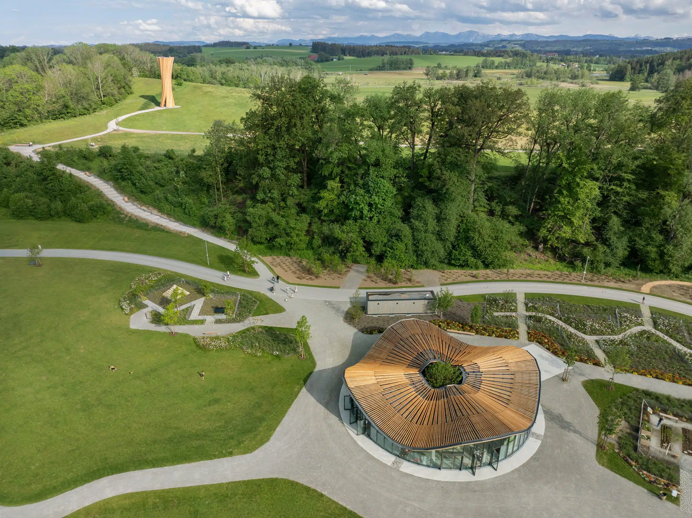 The University of Stuttgart is responsible for two experimental cross-laminated timber buildings (the Hybrid Flax Pavillion and the Wangen Tower) which were showcased side by side in Southern Germany. (Photo Credit: © ICD/ITKE/IntCDC University of Stuttgart)