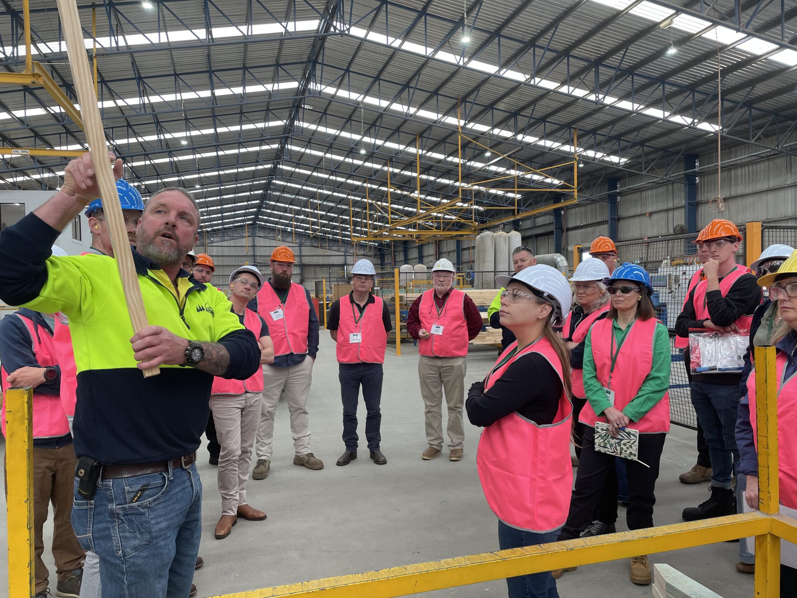 Timber professionals inspect wall-frame and roof-truss production at Alpine Truss’s Wangaratta facility during the Gottstein Understanding Wood Science Course. (Photo Credit: Supplied to Wood Central by Helen Murray)